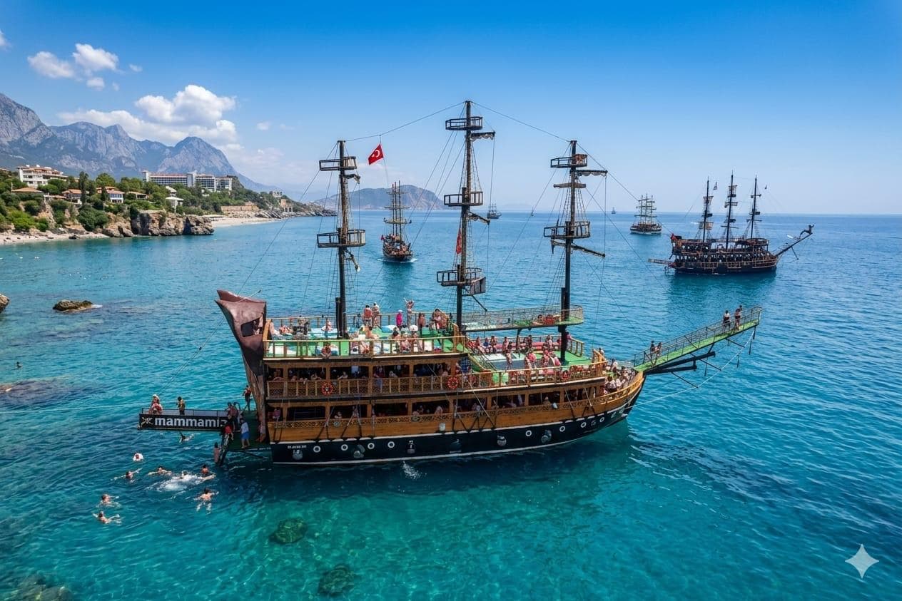 Ahşap gulet turkuaz bir koyda demirlemiş, yolcular güverteden denize giriyor, arkada Alanya kıyısı ve dağlar