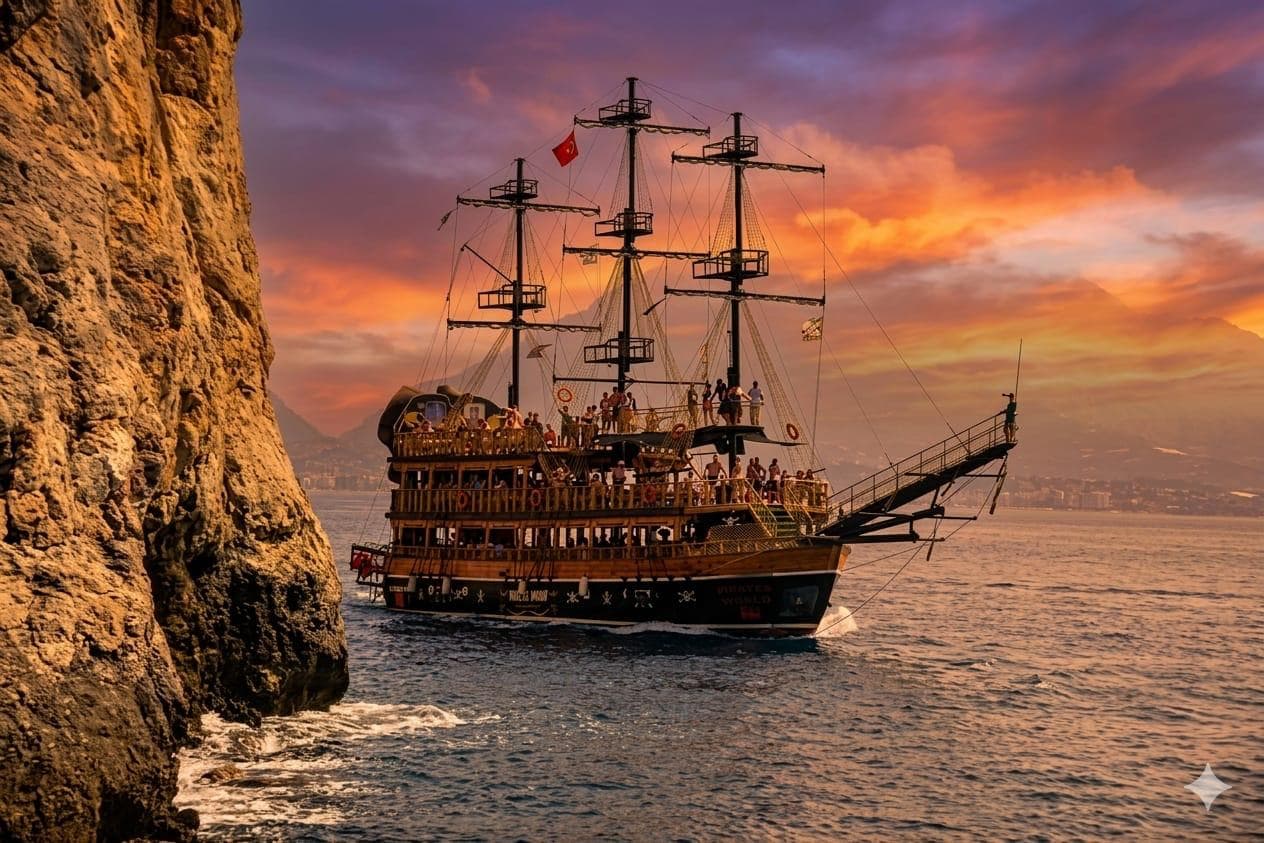 Gemi dik kayalıkların dibinden geçiyor, arkada Alanya sahili ve akşam bulutları