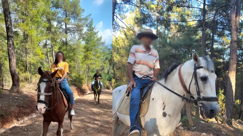 İki kare: solda bir kişi ormanlık patikada kahverengi bir ata biniyor, sağda şapkalı bir eğitmen beyaz bir atın üzerinde poz veriyor