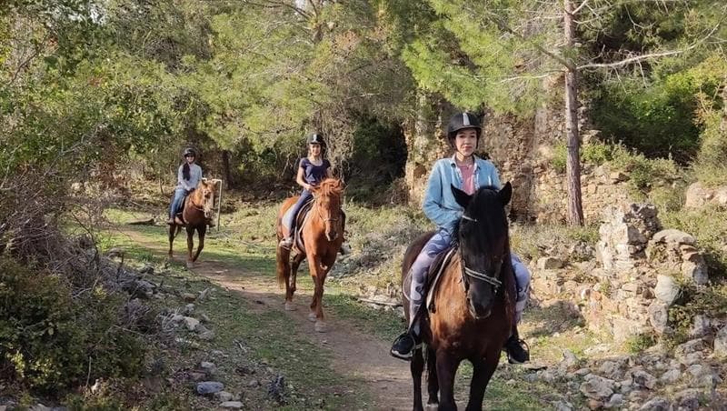 Kasklı üç binici taş duvar kalıntılarının yanındaki patikada atlarla ormanın içinden geçiyor