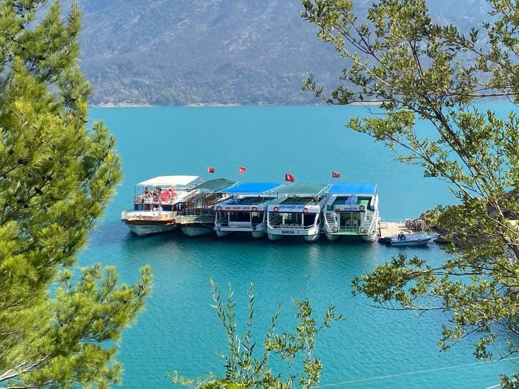 Baraj gölü kıyısındaki iskelede yan yana bağlanmış gezi tekneleri, turkuaz su çam dalları arasından görünüyor