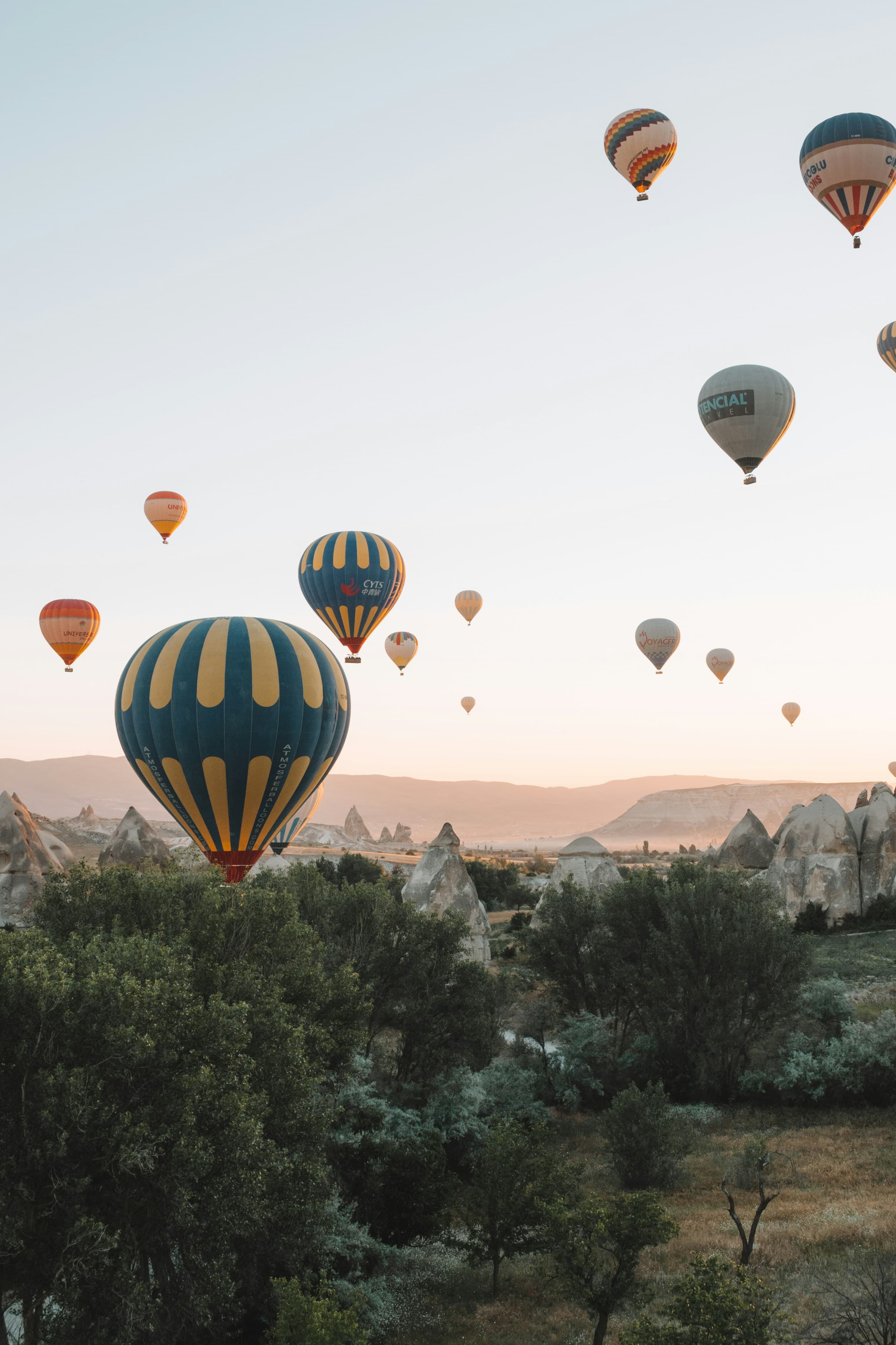 Onlarca renkli sıcak hava balonu gün doğumunda peribacalarının ve ağaçlık vadinin üzerinde süzülüyor