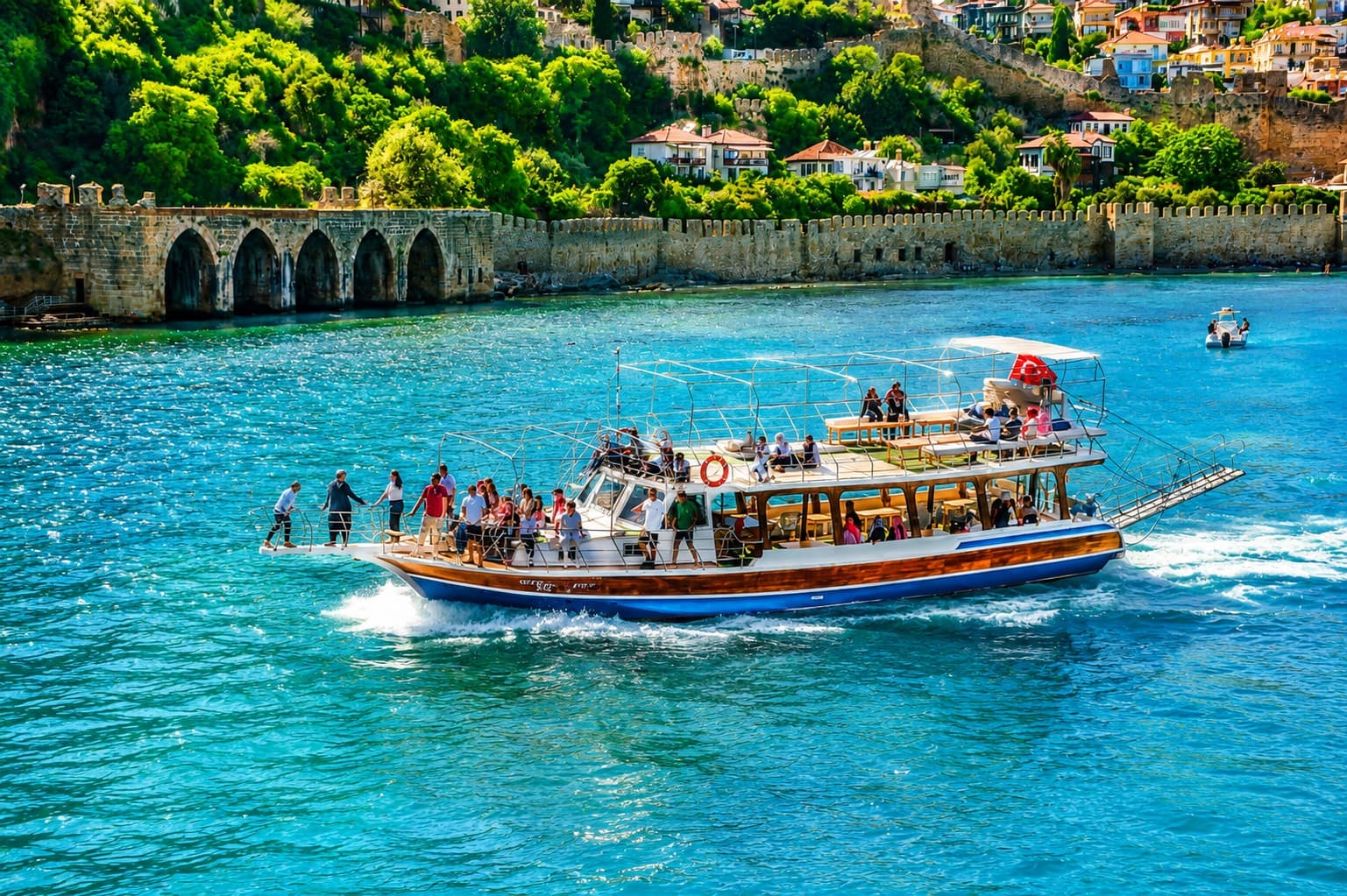 Aynı su kemeri ve kale surlarının önünde, tekne daha yakın çekimde; güvertede oturan ve ayakta duran yolcular, teknenin arkasında beyaz köpüklü iz